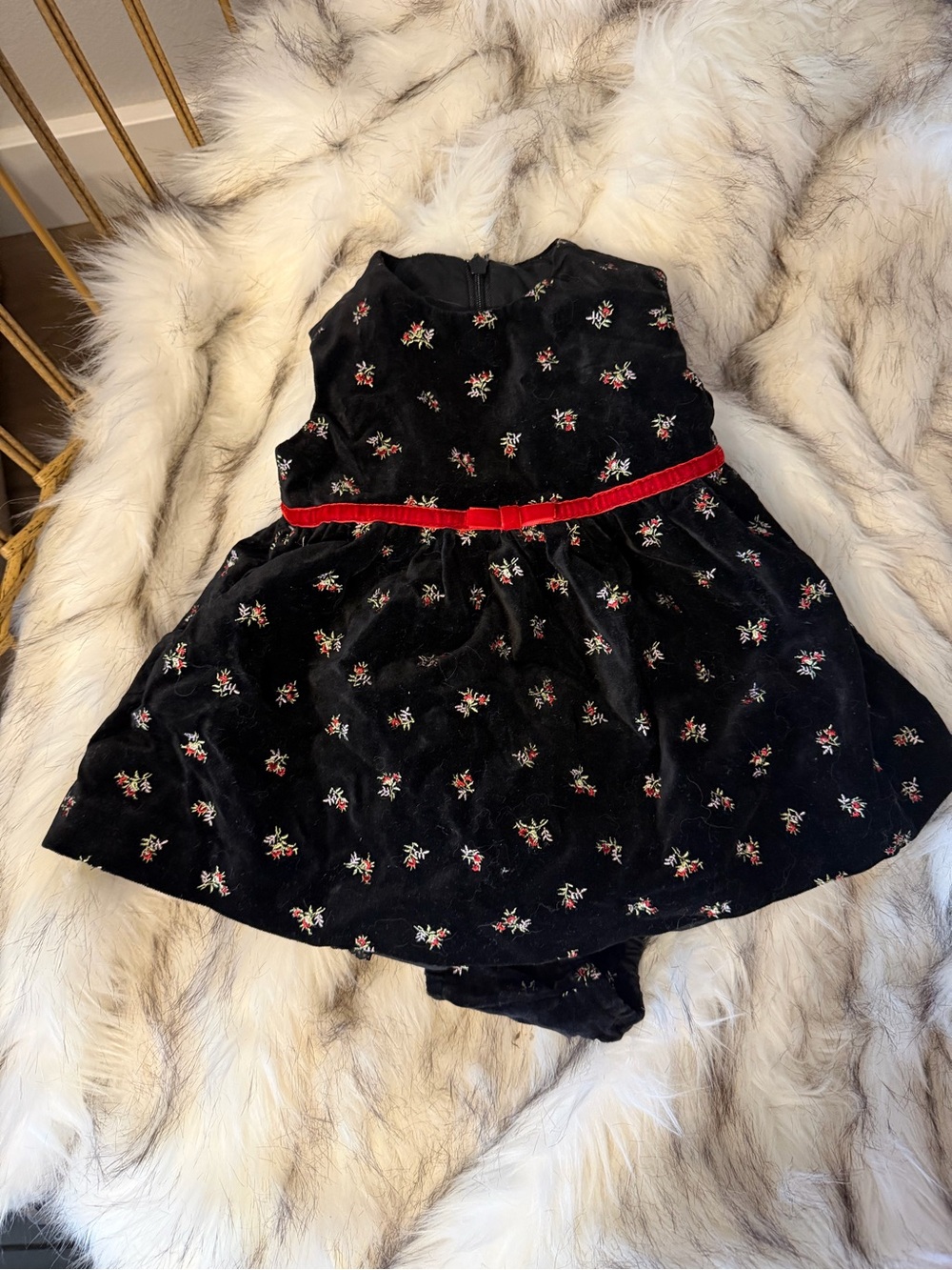 NWT The Children's Place Black Velvet Dress  Red Ribbon and Floral Embroidery